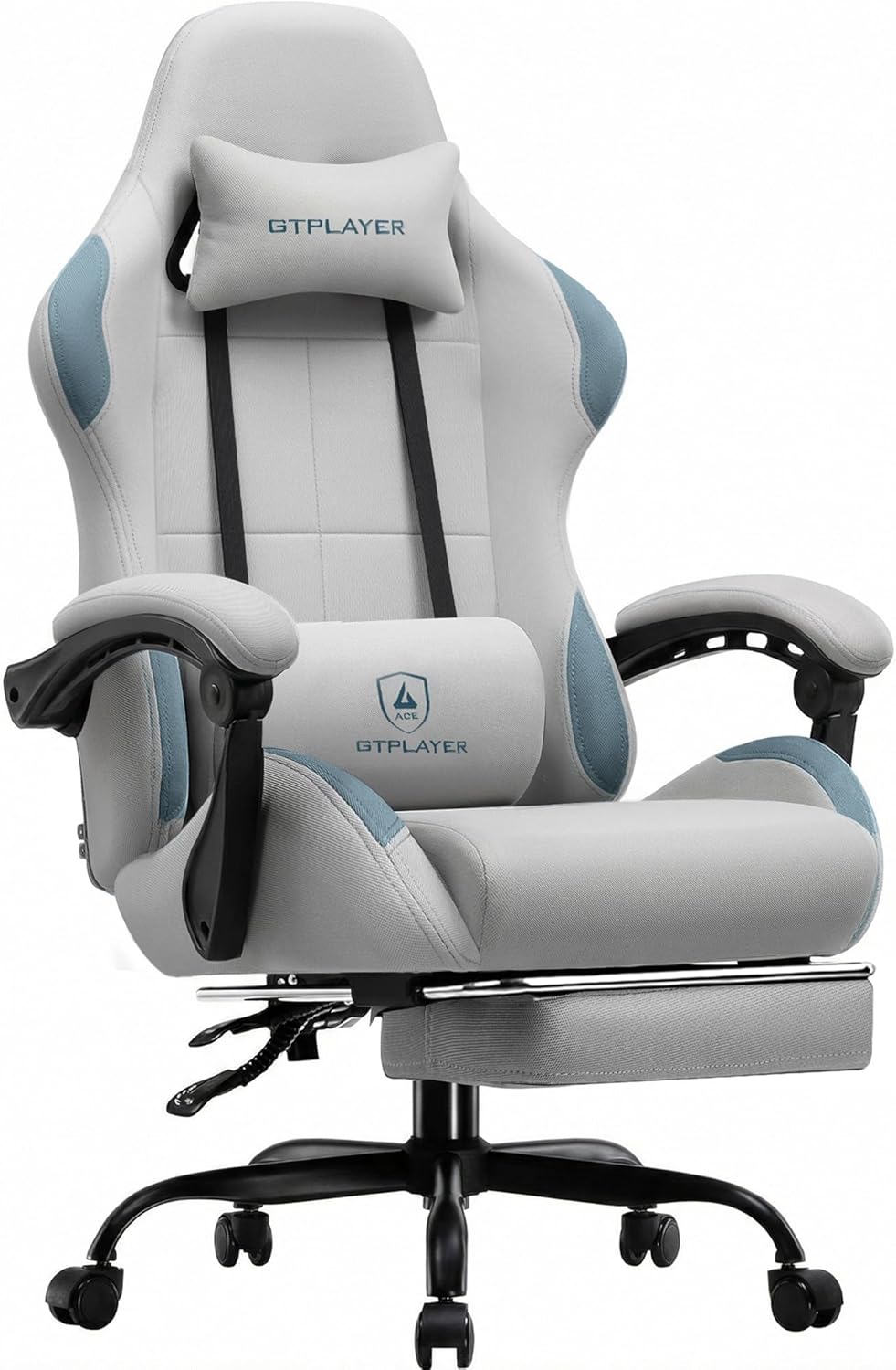 GTPLAYER Gaming Chair Fabric with Pocket Spring Cushion,Computer Office Chair with Lumbar Support for Adults Linkage Armrests and Footrest Ergonomic Gamings Chairs Height Adjustable Gray