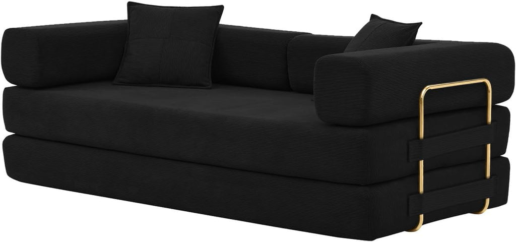 4-in-1 Folding Convertible Sofa Bed, 78 Inch Boneless Couch with Fixed-Shape Frame, Corduroy Loveseat Sleeper with Pull Out Bed, Floor Sofa Modular Futon Couch for Living Room Bedroom Lounge (Black)