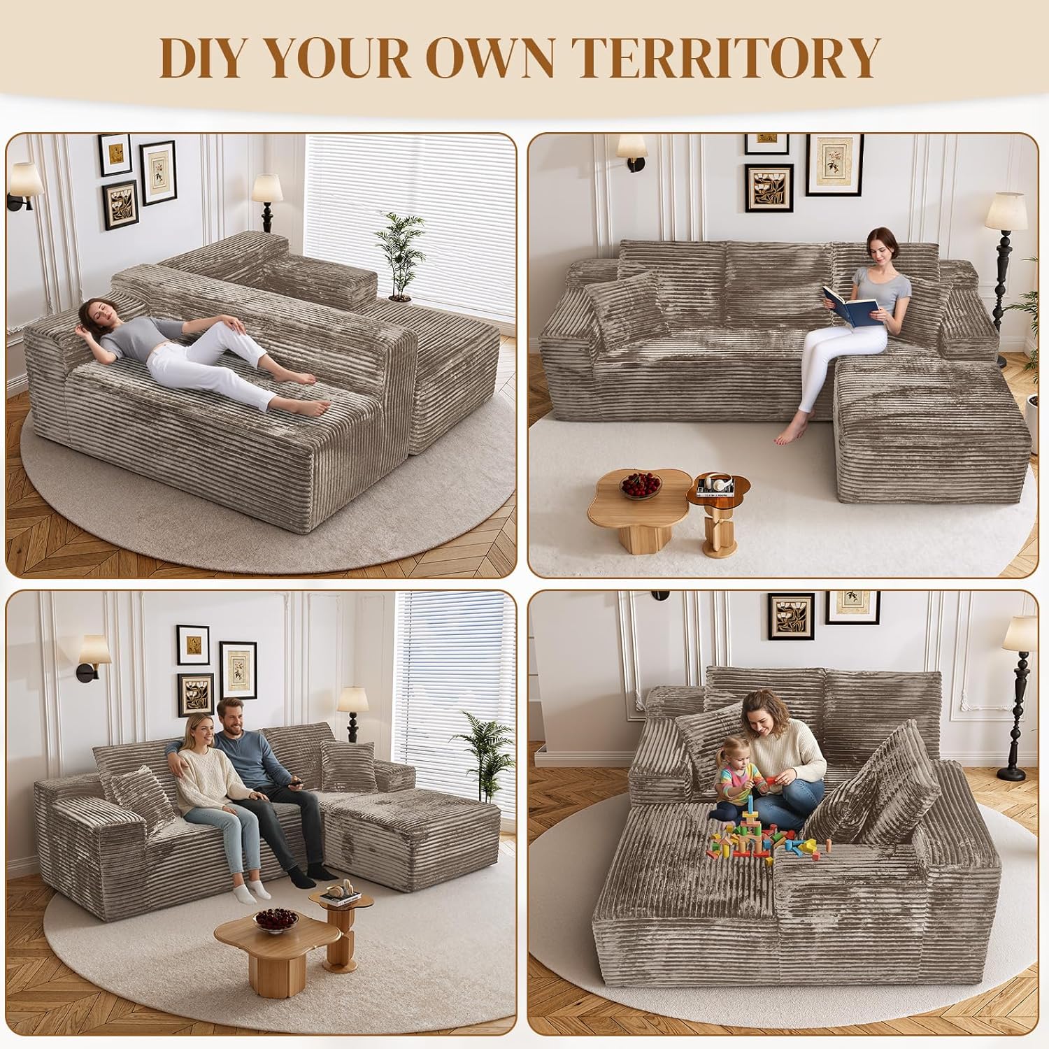 108" L Shaped Boneless Sectional Couches for Living Room, Comfy Corduroy Floor Cloud Sofa with Chaise, Wide Armrest, Deep Seat, Memory Foam, Assembly Free, Ideal for Small Spaces, Brown