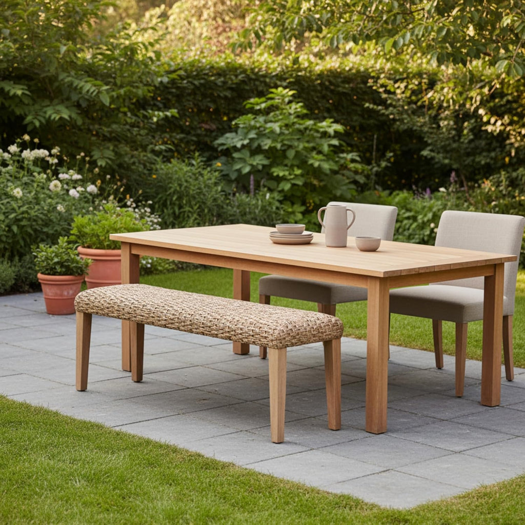 Outdoor Backless Bench, All-Weather Wicker & Solid Acacia Wood, Premium Garden Bench with Woven Rattan Seat and Thick Outdoor Cushion for Patio, Porch, Living Room or Entryway (Natural, PE Wicker).