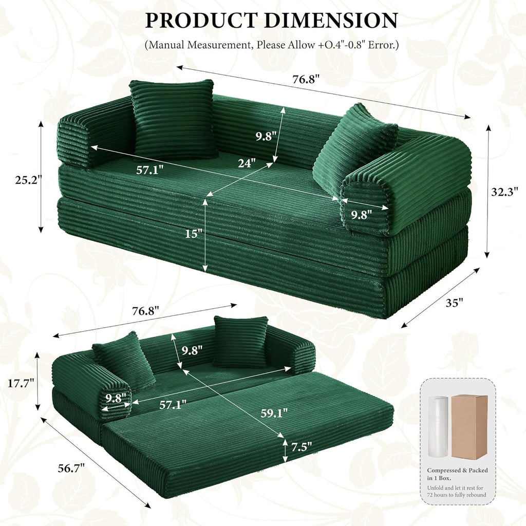 Boneless Couch Versatile Couches for Living Room No-Install Sofa Bed Corduroy Futon Soft Cloud Couch with Pillows for Bedroom Game Movie (Green, 76")