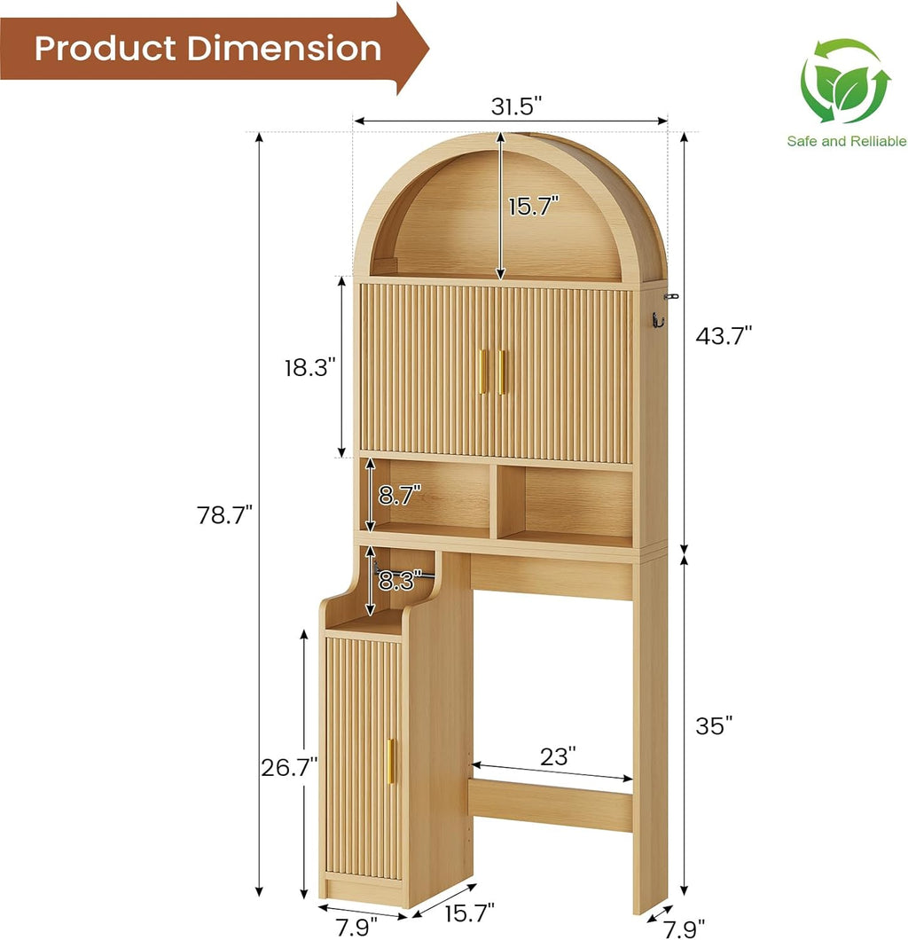 Itaar Arched Over The Toilet Storage Cabinet, 78.7" H Fluted Bathroom Organizer with Reversible Side Cabinet, Adjustable Shelves, Anti-Tipping, Hooks & Paper Holder for Bathroom Laundry Room, Oak