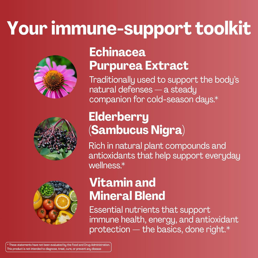 URVI® Immune Support Gummies 9-in-1 - Echinacea, Elderberry, Vitamin C, D3 K2, E, Niacin, Zinc & Selenium - Multivitamin, Antioxidants, Immunity Supplement - Vegetarian & Sugar Free - 60 Count