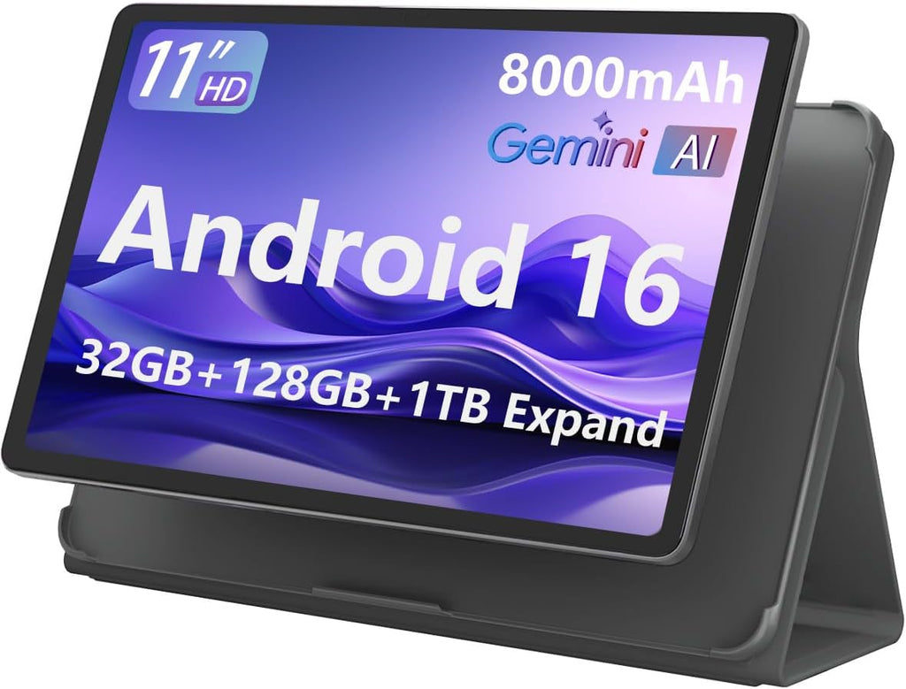 HUIHUANG 11-inch Android 16 Tablet, 32GB RAM + 128GB ROM (1TB Expand), T7280 Octa-Core 2.2GHz Processor, 90Hz FHD+ IPS Display, 8000mAh Battery, Gemini AI, Face ID, Dual Speakers, Fast Charging