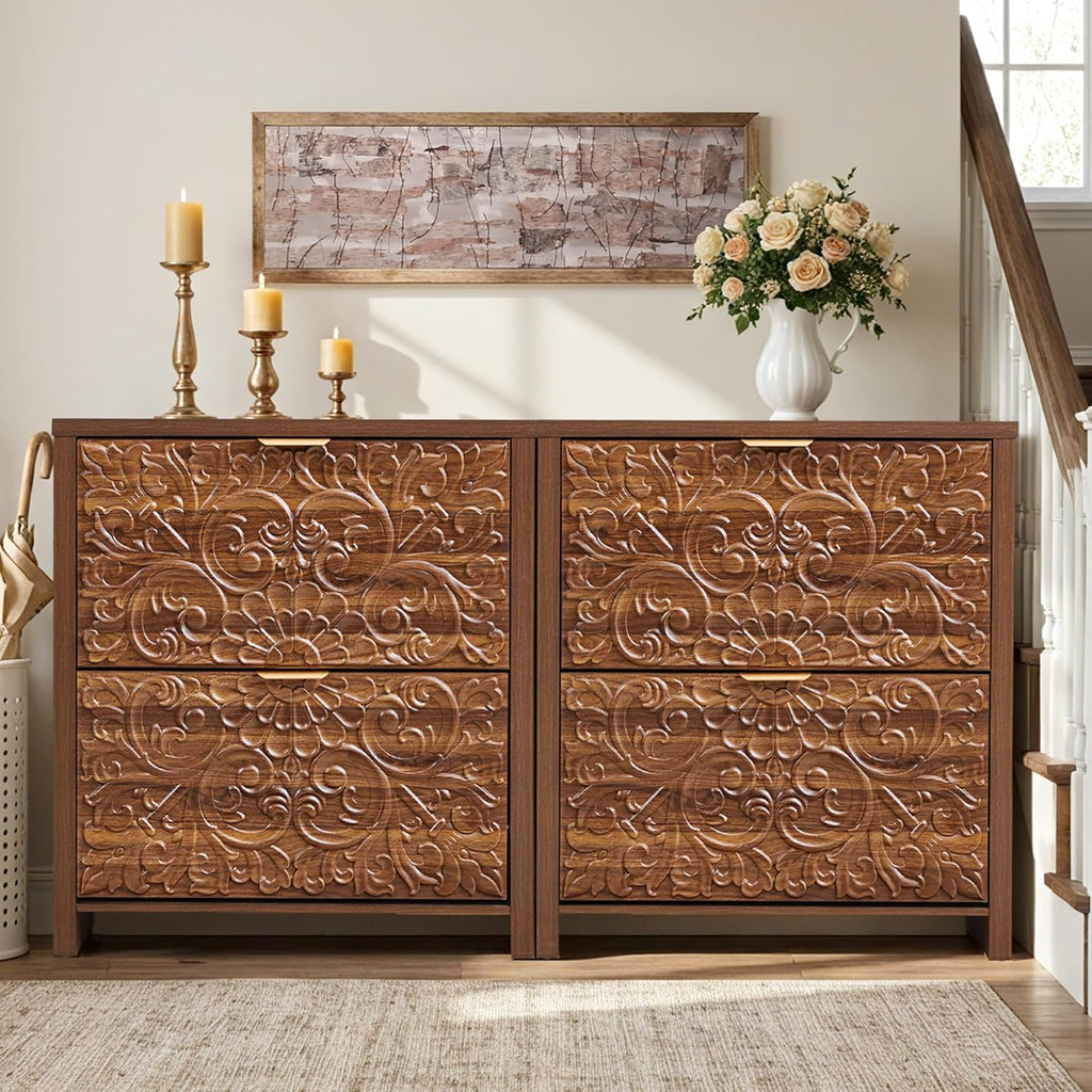 weselon Shoe Cabinet with Flip Drawers, Narrow Shoe Storage Cabinet, 2-Tier Hidden Shoe Organizer with Carved Floral for Entryway, Mid-Century Modern Slim Shoes Storage for Hallway Foyer (1, Walnut)