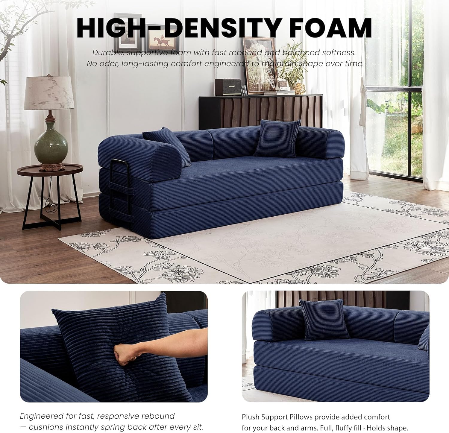 79'' Convertible Sleeper Sofa Bed, 5 in 1 Folding Floor Couch with Pull Out Bed, Modular Corduroy Sofa with Cushions for Living Room Apartment Bedroom Guest Room Use (Blue)