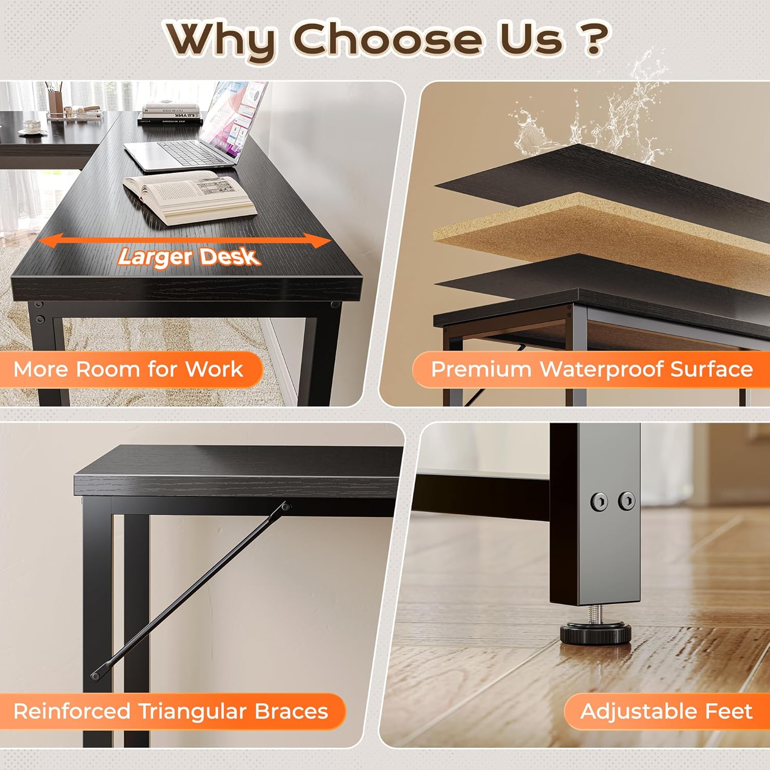 Huuger 63 Inch L Shaped Desk with Power Outlets and USB-C Port, Reversible Computer Desk, Larger Office Corner Gaming Desk, 0.95 Inch Thicker Desktop, Metal Frame, for Home Office, Study, Black