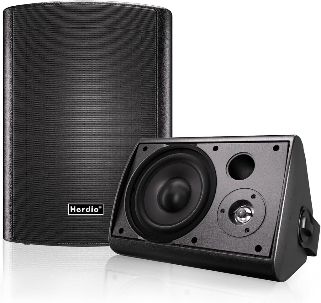 Herdio 6.5" 400W Outdoor Bluetooth Speakers, IPX5 Waterproof Rating and Be Able to Wireless Multi-Connection Up to 20 Units for Patio/Porch/Balcony (Black, 2-Pack)