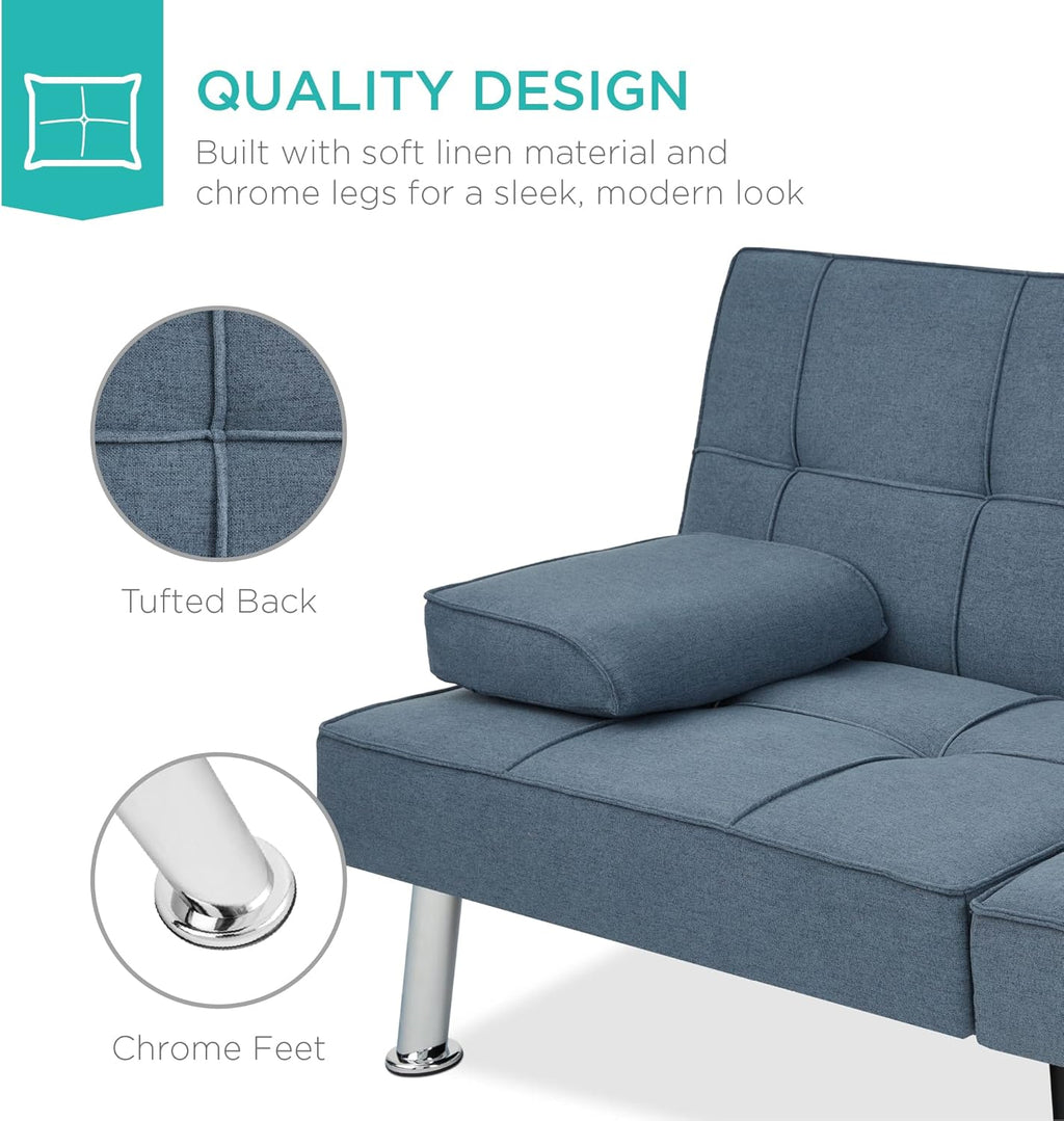 Best Choice Products Linen Modern Folding Futon, Reclining Sofa Bed for Apartment, Dorm w/Removable Armrests, 2 Cupholders - Blue
