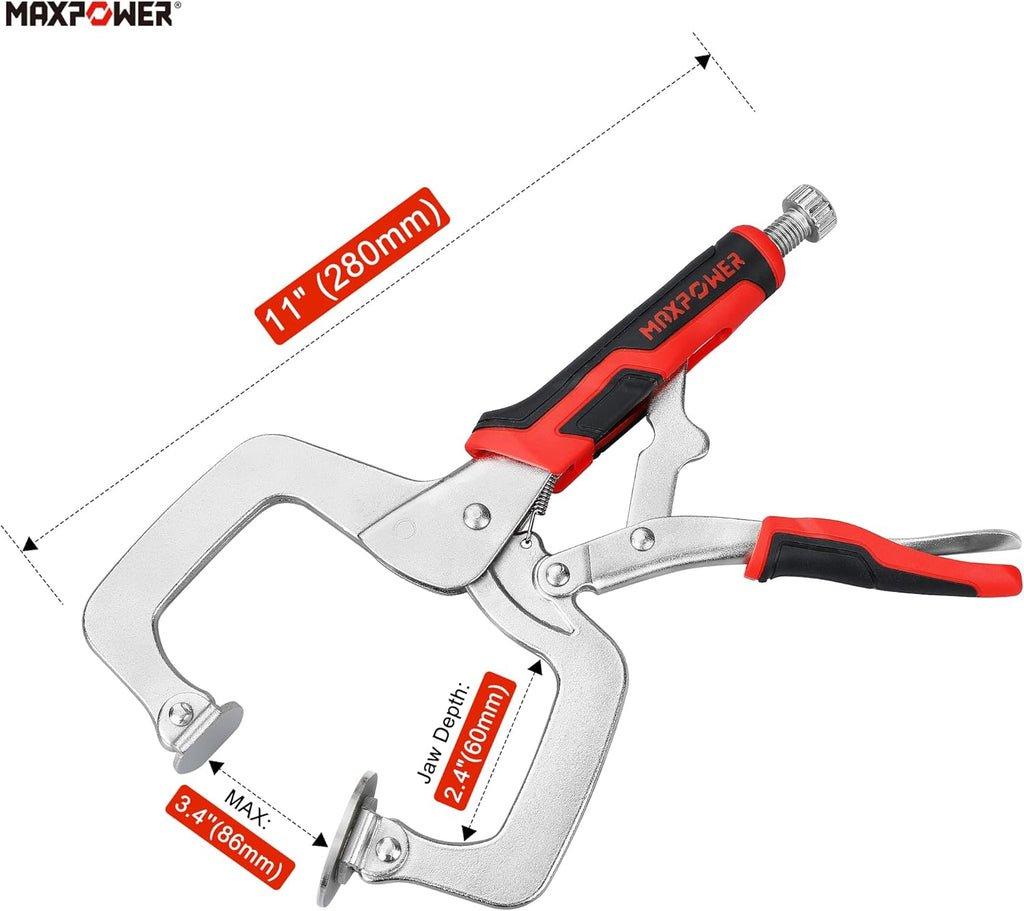 MAXPOWER 11-Inch Locking C Clamp Set, 2 Pack Metal Face Clamp with Large Flat Swivel Pads, Adjustable Heavy Duty C Clamps Locking Pliers for Woodworking, Carpentry, Cabinetry, Welding and Repair