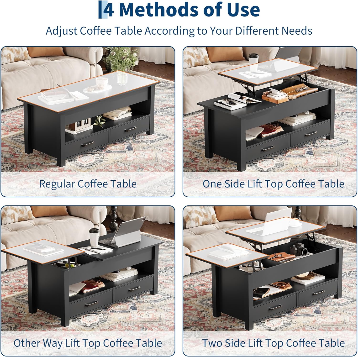GarveeHome Coffee Table Lift Top, Convertible Coffee Table with Wooden Lift Tabletop, 2 Drawers and Hidden Compartment, Central Table with Storage for Living Room Home Office, Black