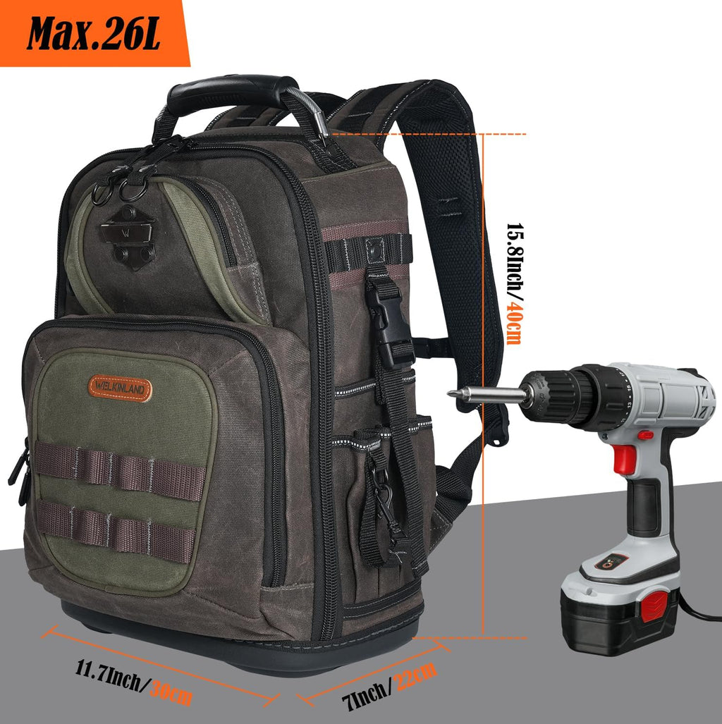 WELKINLAND 36-Pockets Electrician Backpack, Hard-Based HVAC Backpacks, Waxed-Canvas Technician Backpack, Heavy-Duty Tool Backpacks For Men