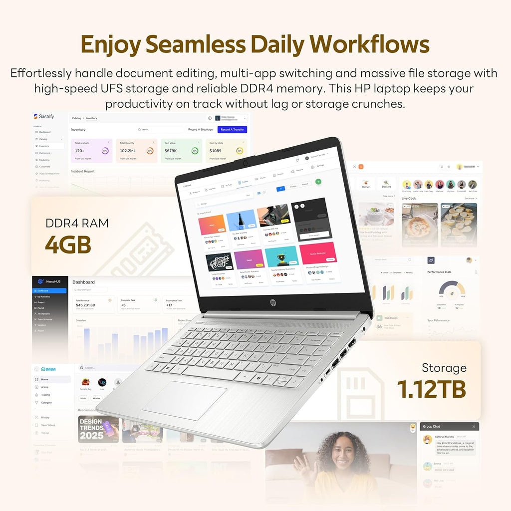 HP Stream 14" HD Laptop with AI Copilot, Intel Processor N150, 4GB RAM, 1.12TB Storage (128GB UFS + 1TB Docking Station Set), Intel Graphics, 1 Year Office 365, Wi-Fi 6, Win 11, Silver