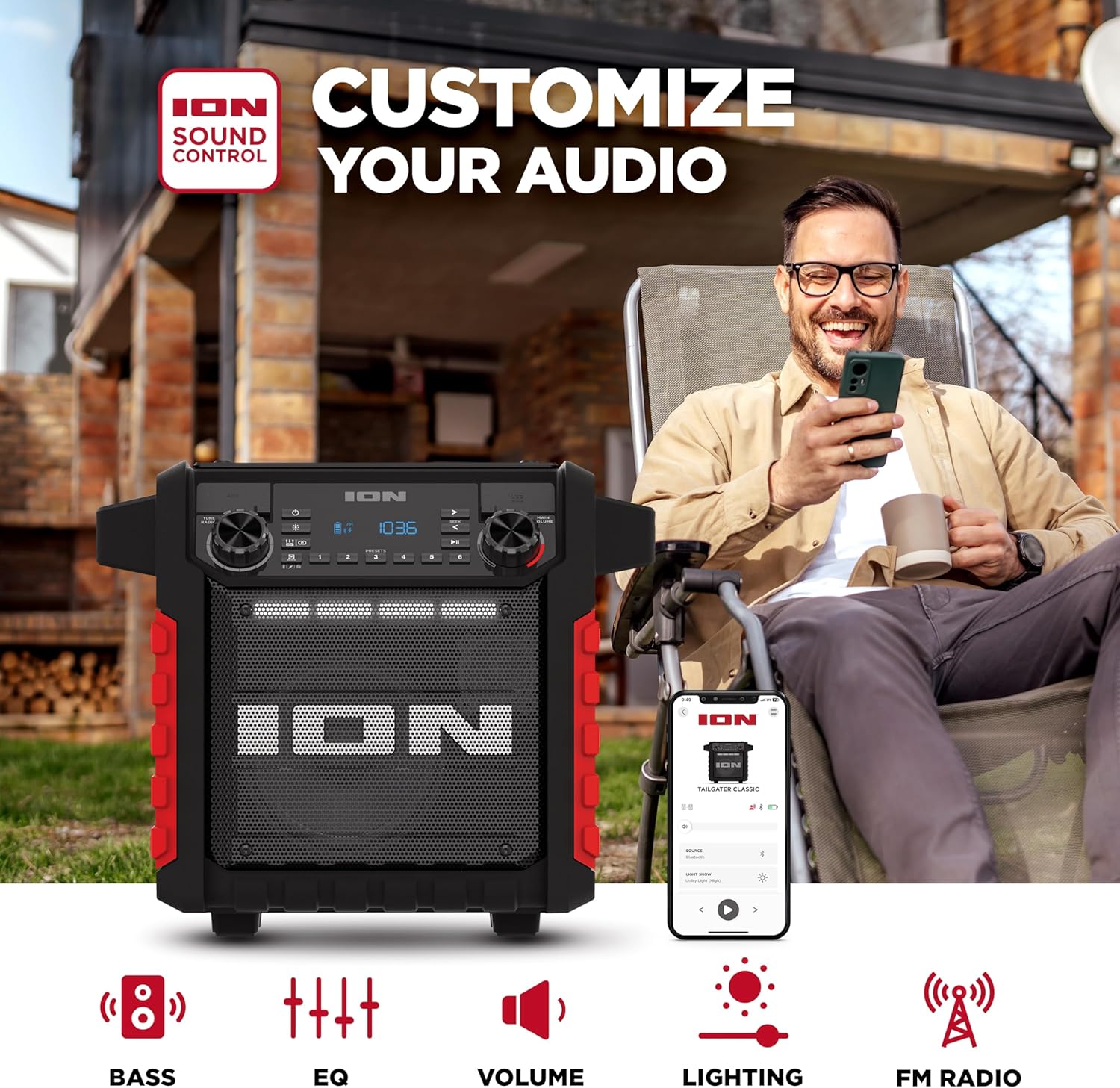 ION Tailgater Classic Outdoor Portable Bluetooth Speaker with Rechargeable Battery, FM Radio, USB Port, IPX5 Water-Resistant, 6.5" Woofer, App, Red