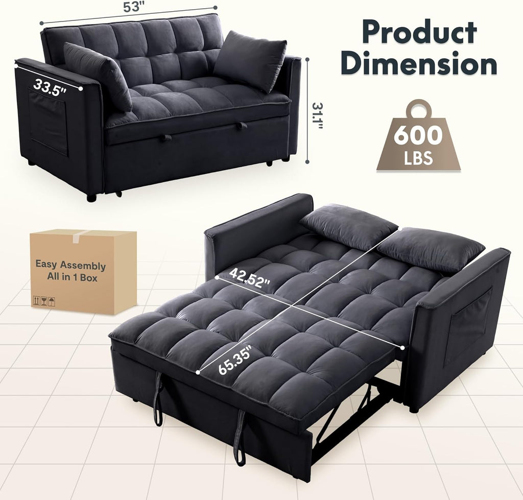 FLEXISPOT XCT4 Pull Out Couch, 3-in-1 Sleeper Sofa Bed with Adjustable Backrest, Loveseat Sleeper with Pillows & Side Pockets, Convertible Futon Couch for Small Spaces Guest Room Apartment, Black