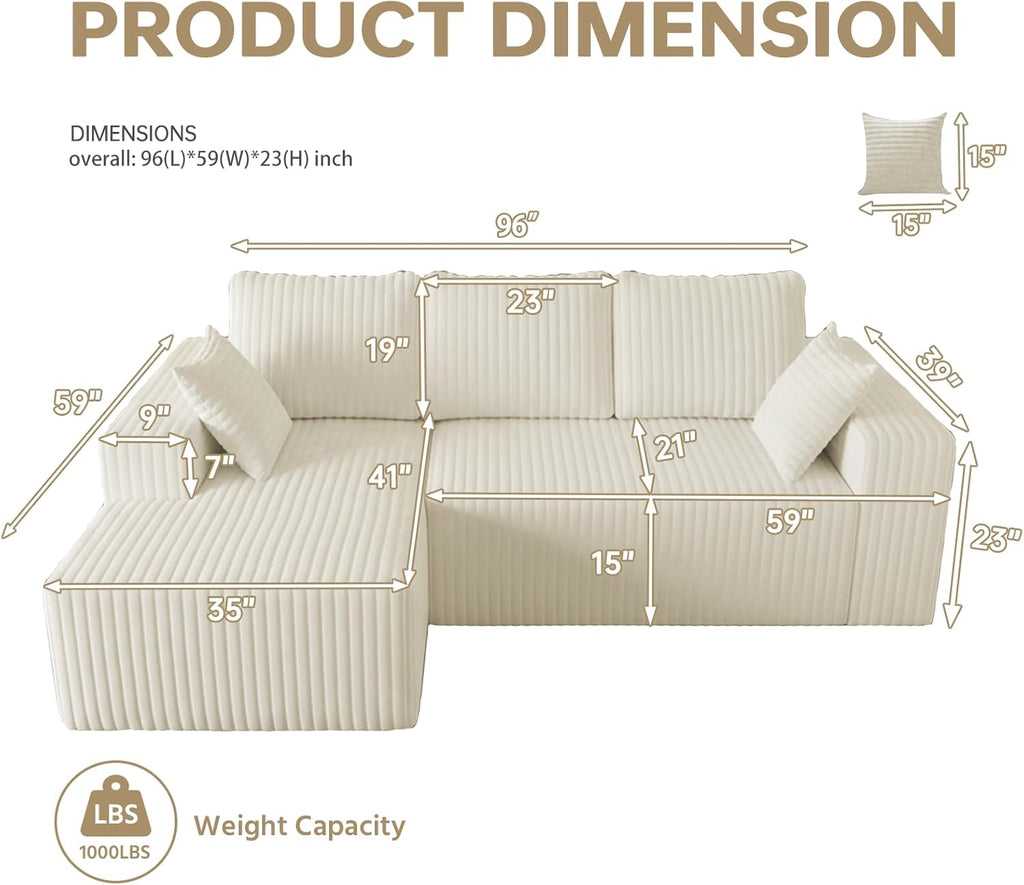 Beige Boneless Cloud Couches for Living Room L Shapes 3 Seater Sectional Sofa with Chaise Lounge, Comfy Flannel Fabric Memory Foam Couch Including Throw Pillow and Backrest - Removable Washable, 96"