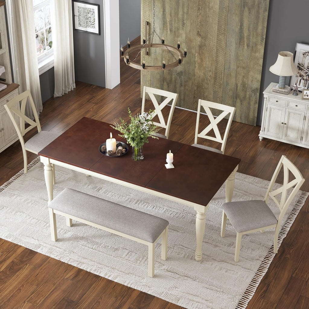 AMERLIFE 6-Piece Farmhouse Dining Table Set for 6-7, 71" Solid Wood Kitchen Table and Chairs, 1 Dining Table, 4 Upholstered Chairs and 1 Bench, Rustic Dining Room Set, Rustic White