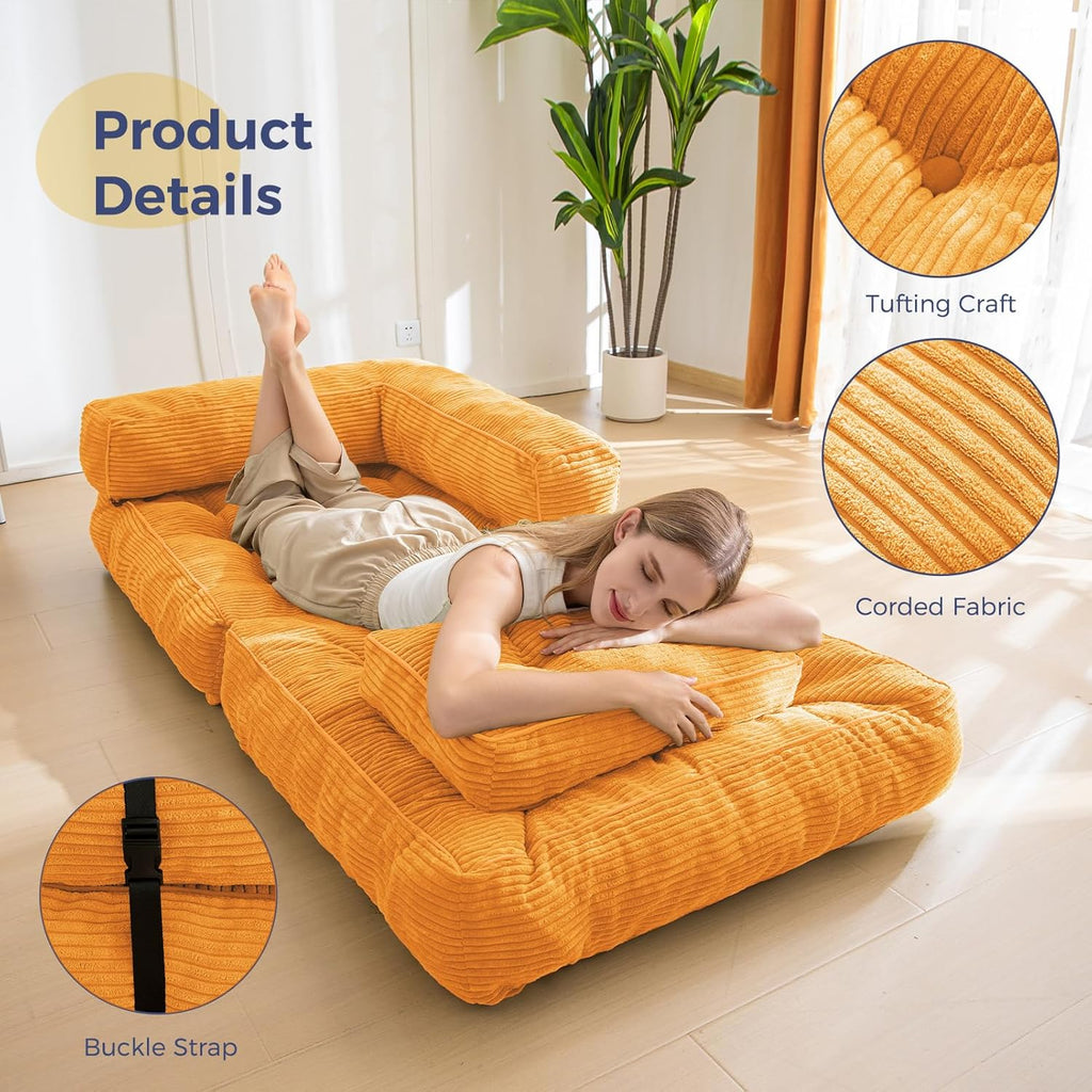 MAXYOYO Folding Sofa Bed, L-Shaped Convertible Sofa Bed Foldable Sleeper with Pillow, Portable Fold Out Chair Lounge for Living Room Bedroom, Orange