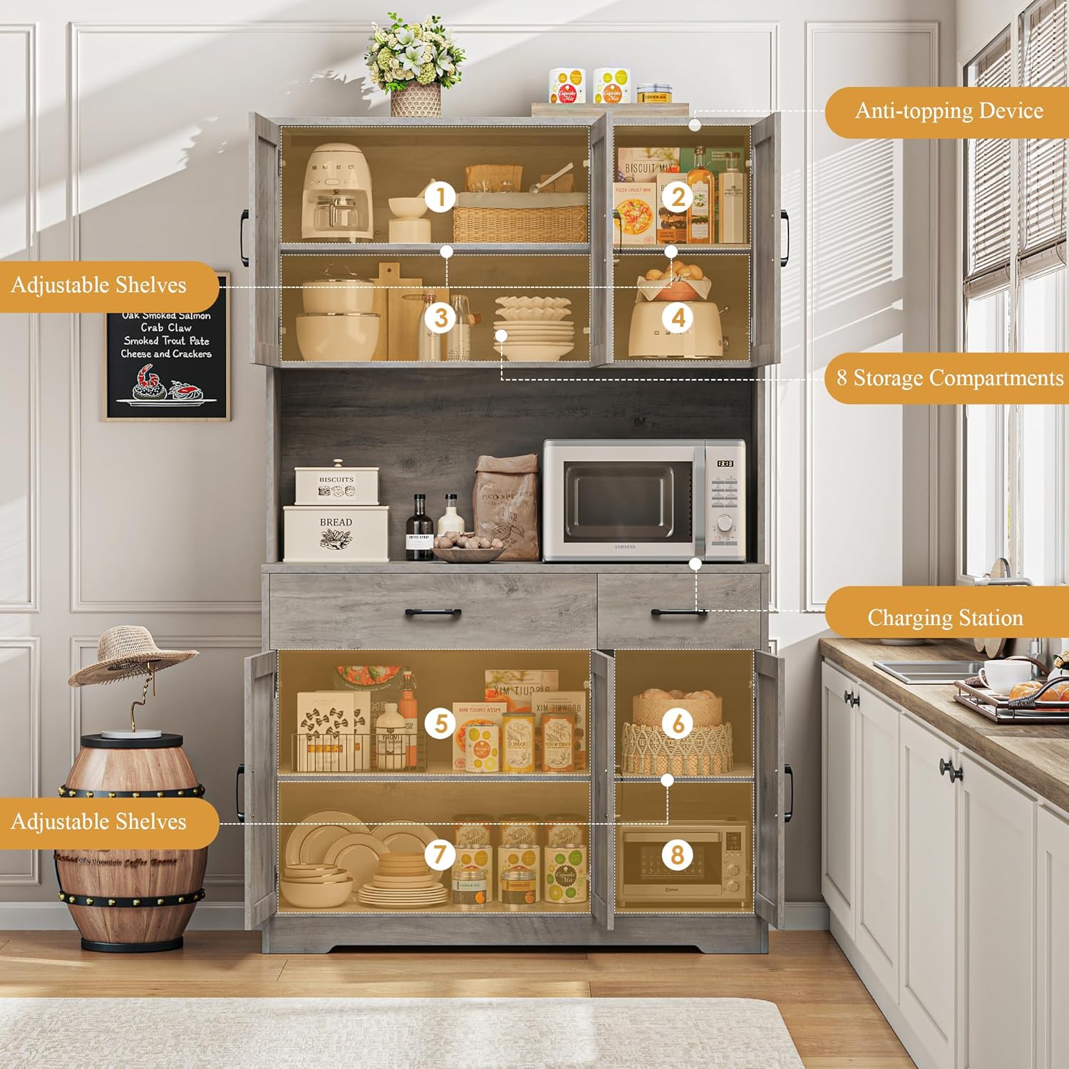 HOSTACK 71" Pantry Cabinet with Charging Station, Tall Kitchen Pantry Storage Cabinet with Microwave Stand, Farmhouse Kitchen Hutch with Storage Drawers for Living Room, Dining Room, Ash Grey
