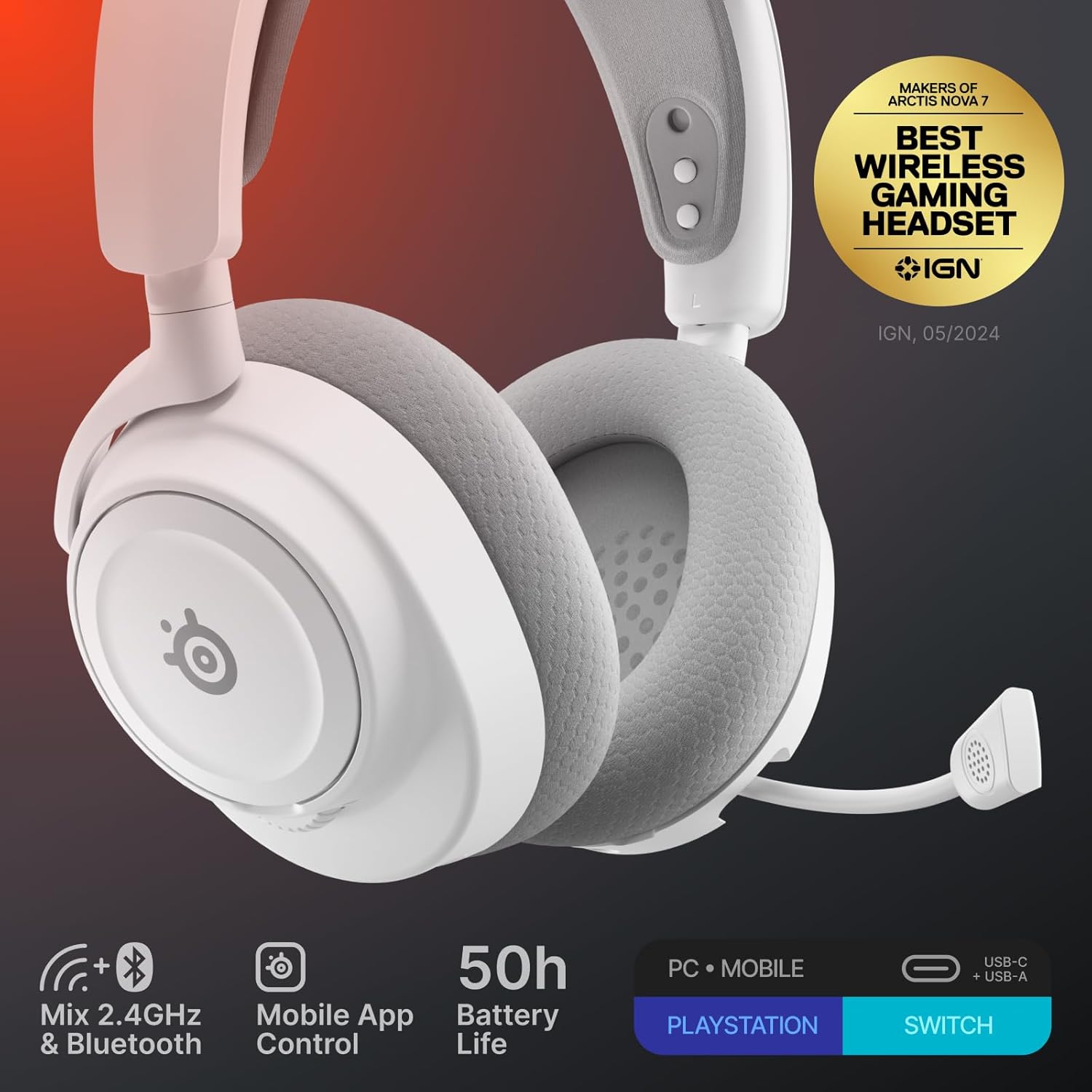 SteelSeries Arctis Nova 7 Wireless Gen 2 Gaming Headset - Real-Time App Control, 50+ HR Play, Neodymium Drivers, Mix 2.4GHz/Bluetooth, PC, PS5, PS4, Switch 1/2, Mobile - White
