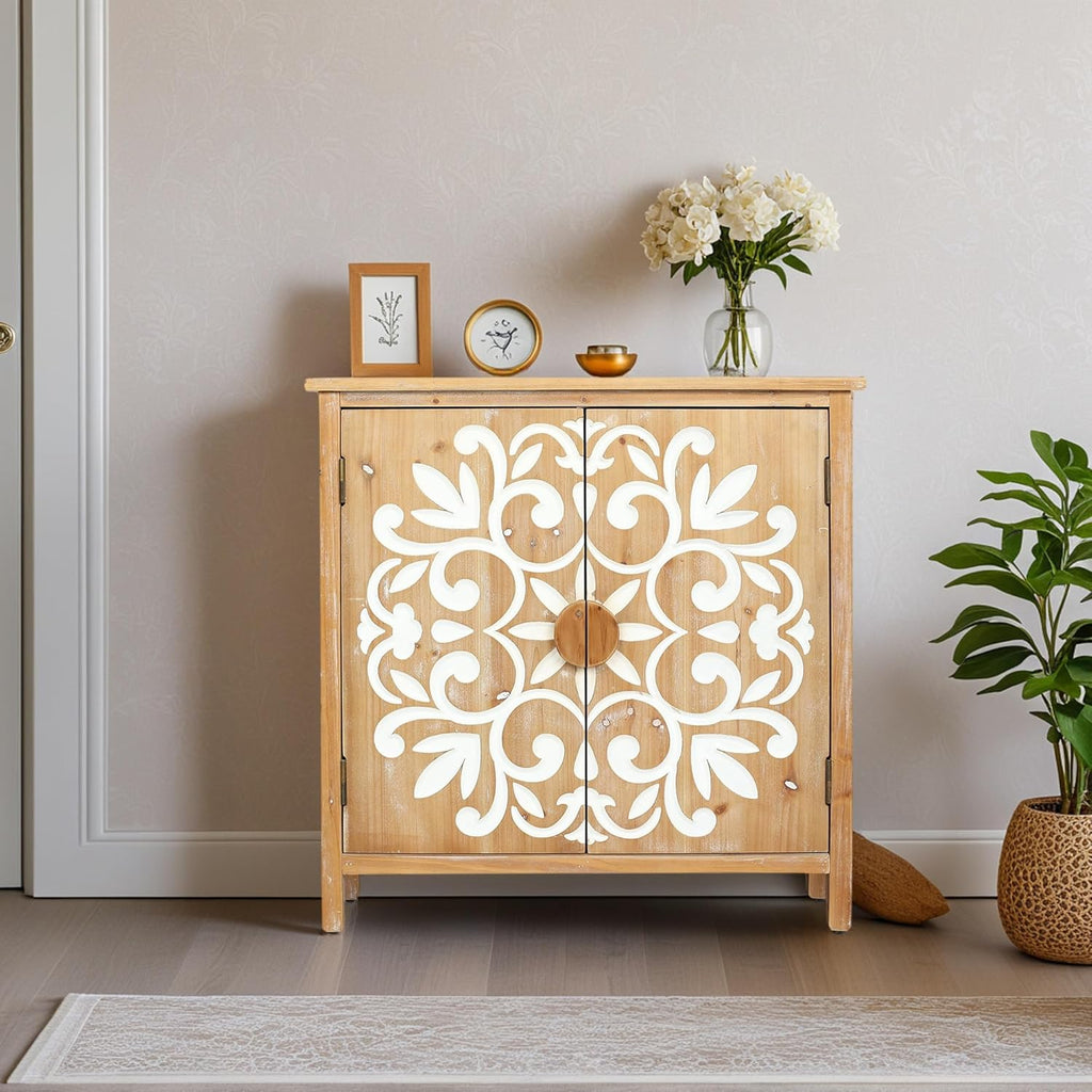 Small Entryway Cabinet with Storage - Farmhouse Cabinet for Living Room, Decorative Storage Cabinet with Floral Carvings, Antique Brown & White Accent Cabinets