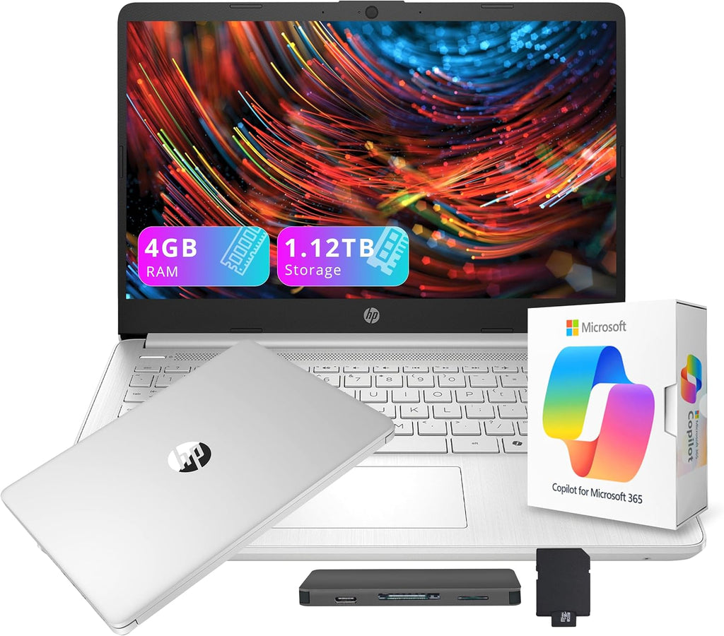 HP Stream 14" HD Laptop with AI Copilot, Intel Processor N150, 4GB RAM, 1.12TB Storage (128GB UFS + 1TB Docking Station Set), Intel Graphics, 1 Year Office 365, Wi-Fi 6, Win 11, Silver