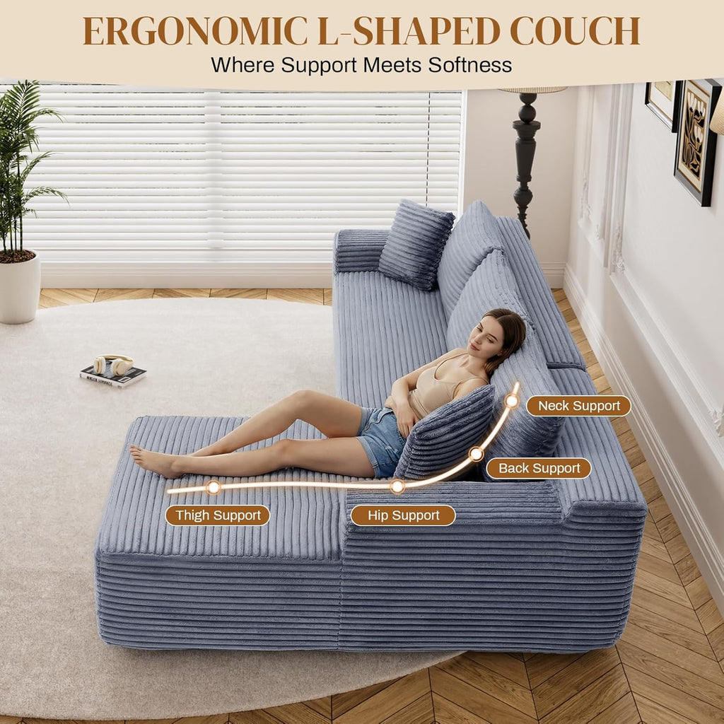 95" Boneless Cloud Sectional Couches for Living Room, Comfy Fluffy L Shaped Memory Foam Deep Seat Boneless Couch, Modular Sectional Sofa with Left Facing Chaise, Grey