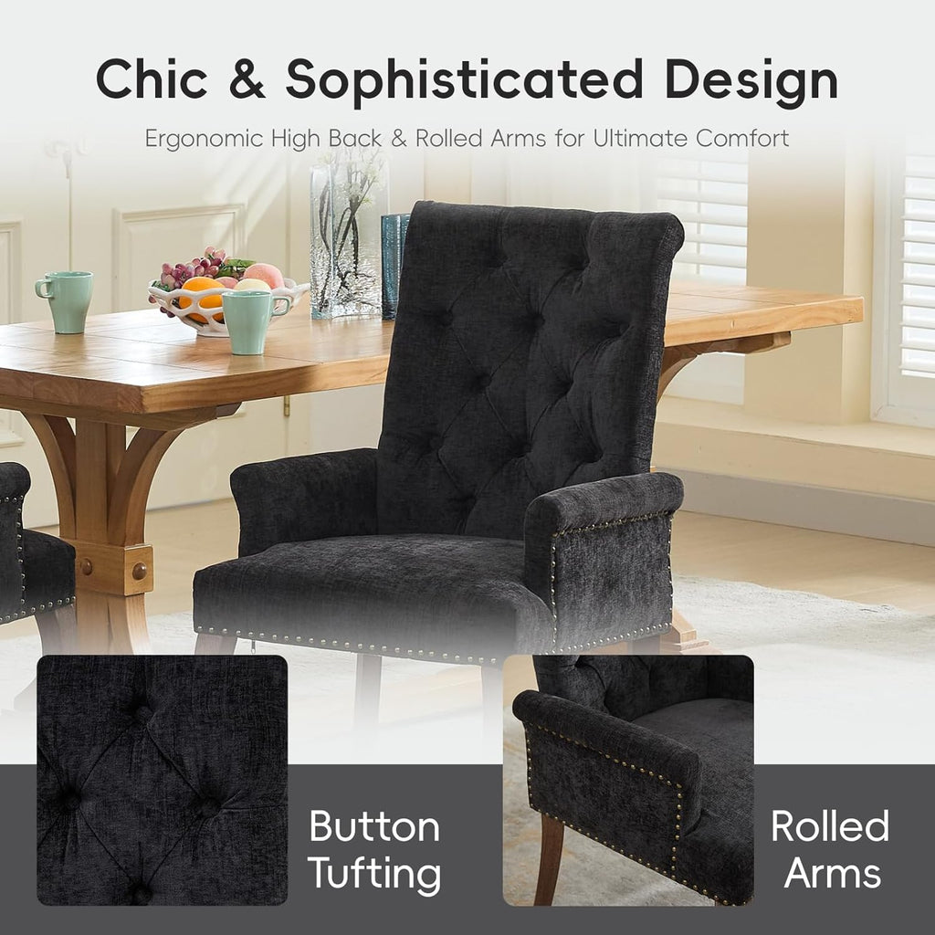 Upholstered Tufted Chenille Dining Chairs with Arms & Nailhead Trim – Solid Wood Frame & Legs, Modern Farmhouse for Dining, Kitchen & Living Room (Set of 6, Charcoal Gray)