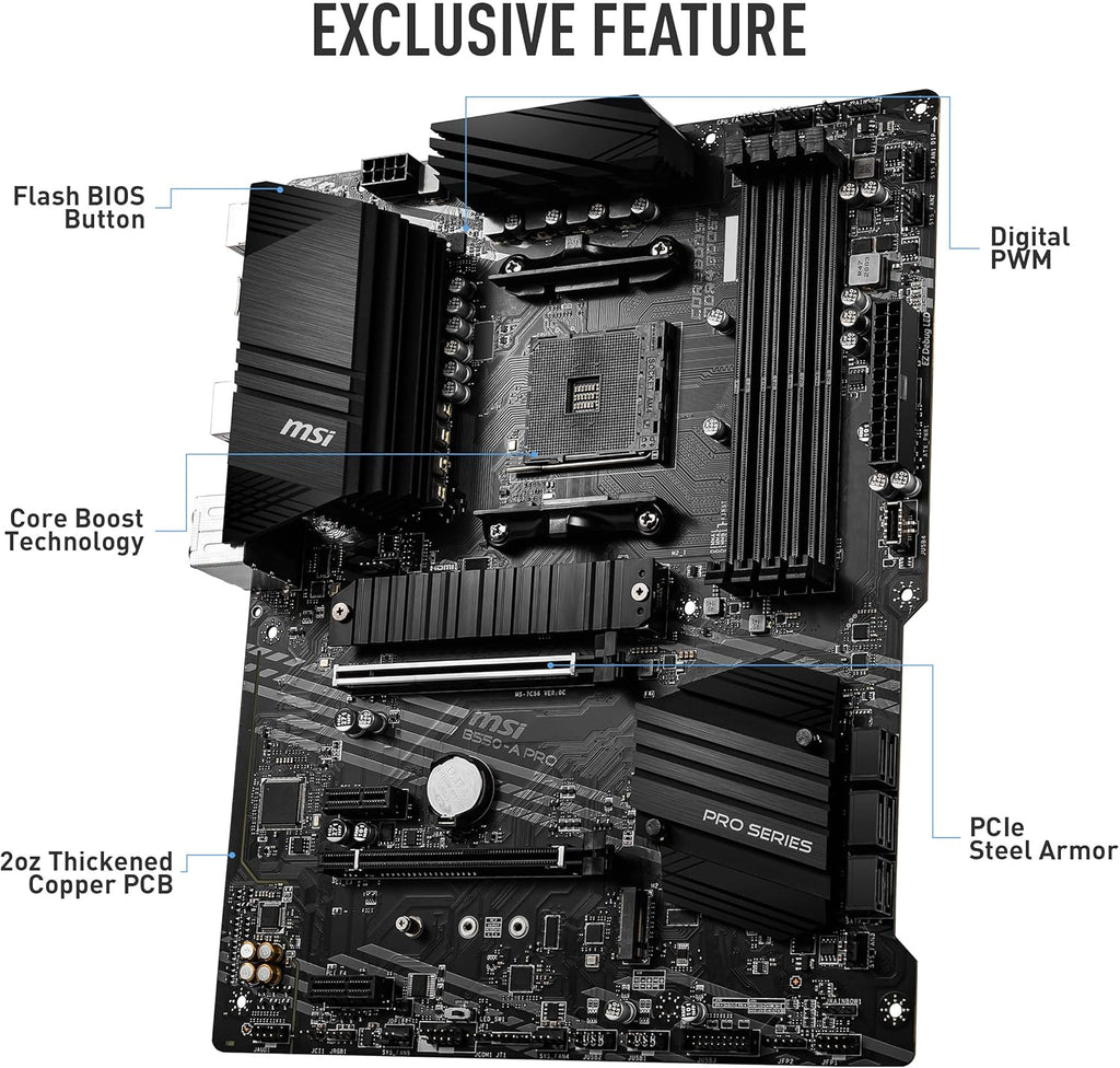 MSI B550-A PRO ProSeries Motherboard (AMD Ryzen 5000, AM4, DDR4, PCIe 4.0, SATA 6Gb/s, M.2, USB 3.2 Gen 2, HDMI/DP, ATX)