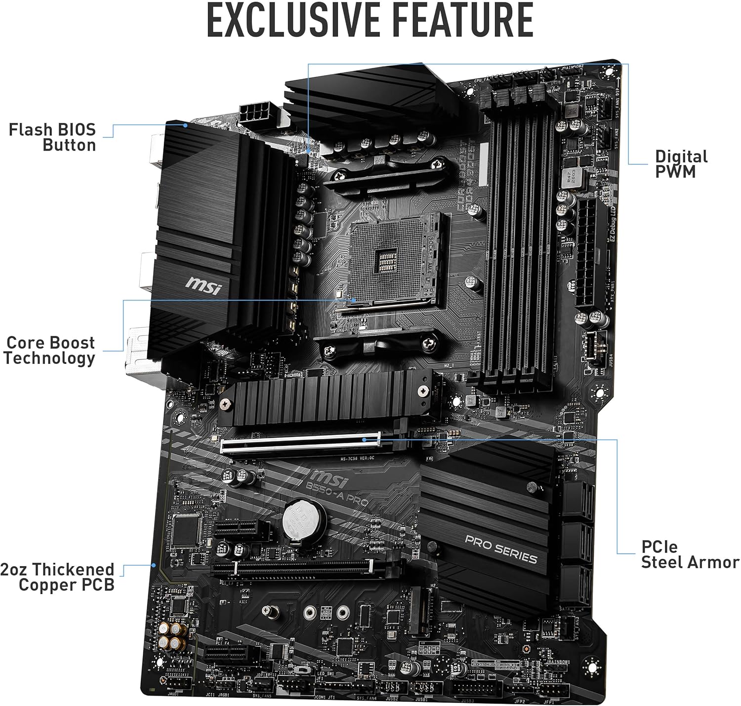 MSI B550-A PRO ProSeries Motherboard (AMD Ryzen 5000, AM4, DDR4, PCIe 4.0, SATA 6Gb/s, M.2, USB 3.2 Gen 2, HDMI/DP, ATX)
