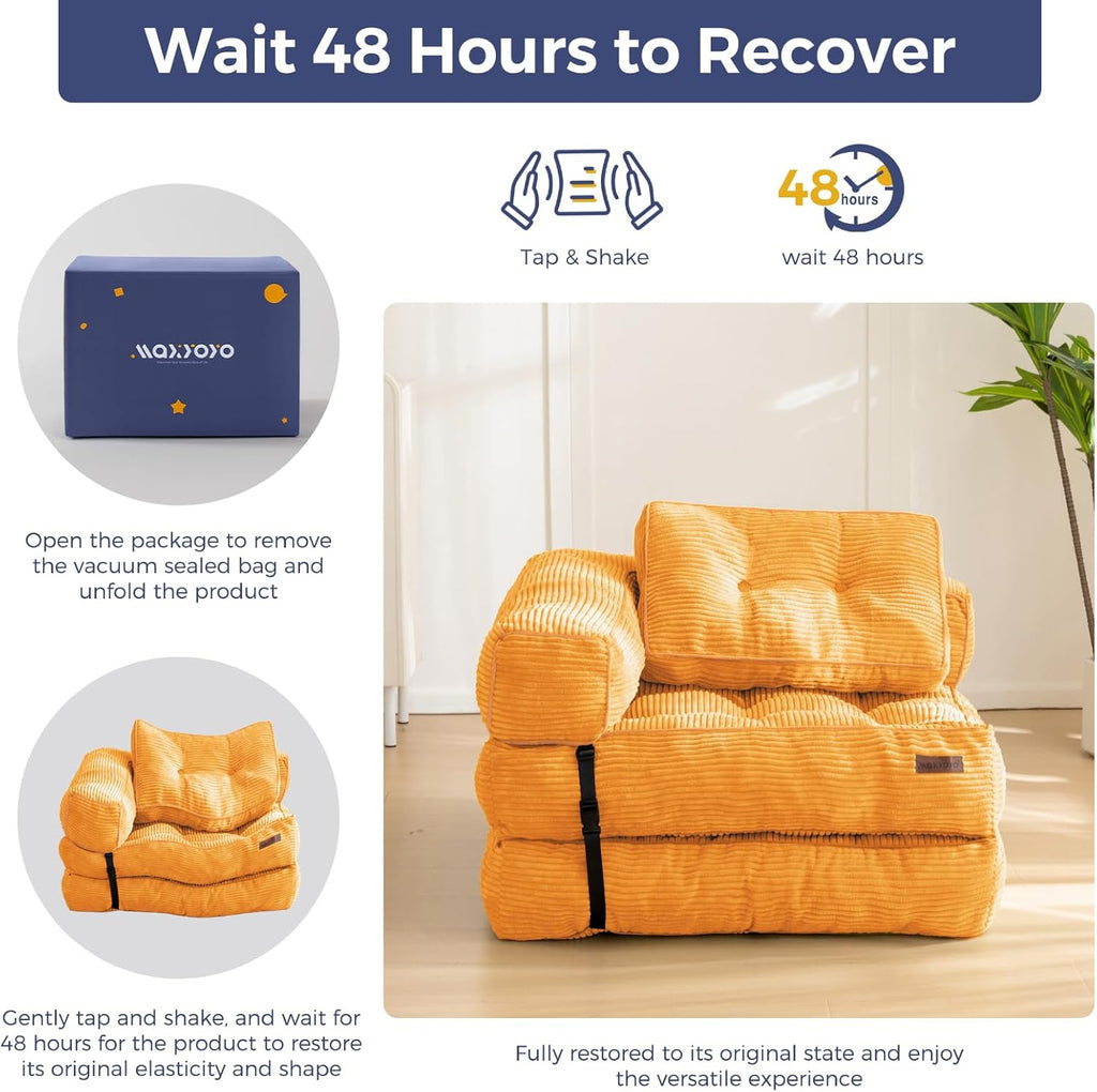 MAXYOYO Folding Sofa Bed, L-Shaped Convertible Sofa Bed Foldable Sleeper with Pillow, Portable Fold Out Chair Lounge for Living Room Bedroom, Orange
