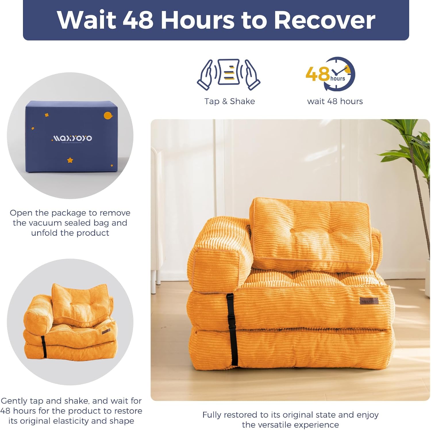 MAXYOYO Folding Sofa Bed, L-Shaped Convertible Sofa Bed Foldable Sleeper with Pillow, Portable Fold Out Chair Lounge for Living Room Bedroom, Orange