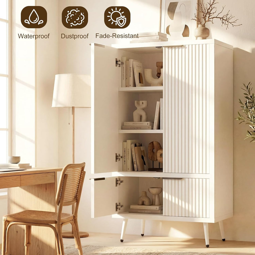 Foxemart White Fluted 51" Tall Wooden Kitchen Pantry Storage Cabinet Food Organize with Adjustable Shelves, Modern Accent Cabinet Sideboard Buffet for Dining Room, Entryway, Bathroom, Home Office