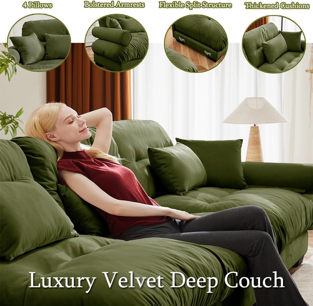130" Modular Sectional Cloud Couch, Oversized 3-Seater Couch with Ottoman, Comfy Velvet Fluffy Sofa, Deep Seat L Shaped Sectional Couches for Living Room