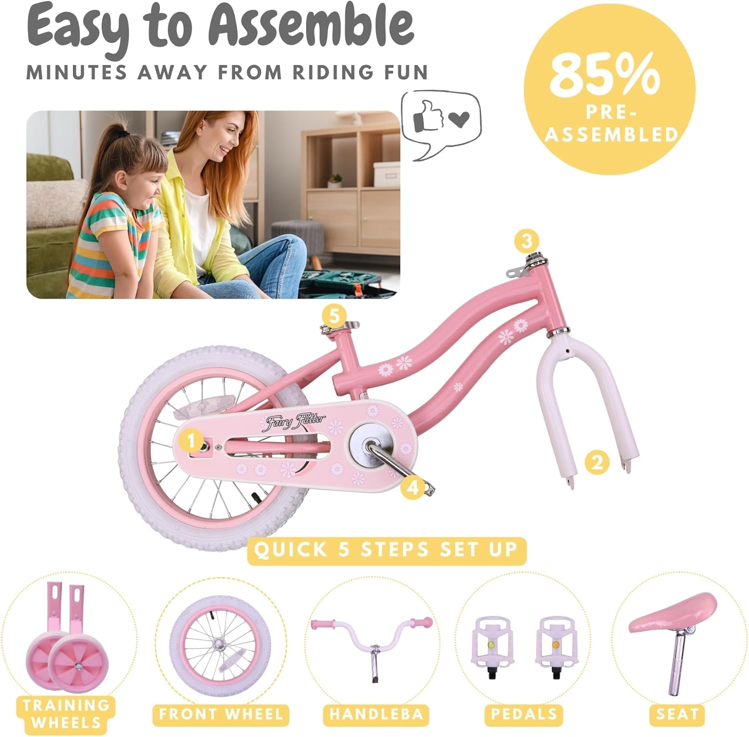 bicystar Girls Bike for Kids Ages 2-5 Years, 12 14 16 18 Inch Kids Bike with Training Wheels, Basket & Streamers, Pink Little Girls Bicycle with Coaster Brake, Birthday Gift