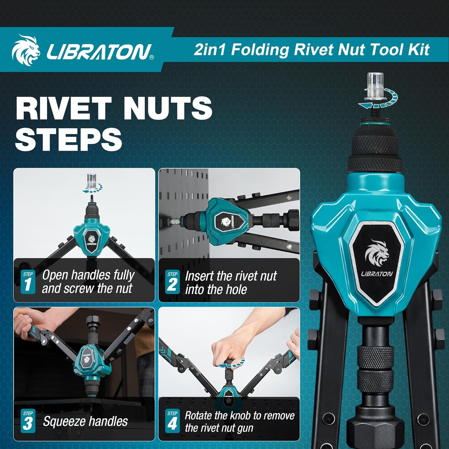 LIBRATON 2in1 Rivet Nut Tool and Rivet Gun Kit Folding, with 11 Mandrels (Metric & SAE) & 5 Nose Pieces (2.4-6.4mm), Includes 100 Nuts & 200 Pop Rivets, Folding Heavy Duty Hand Tool for DIY & Repair