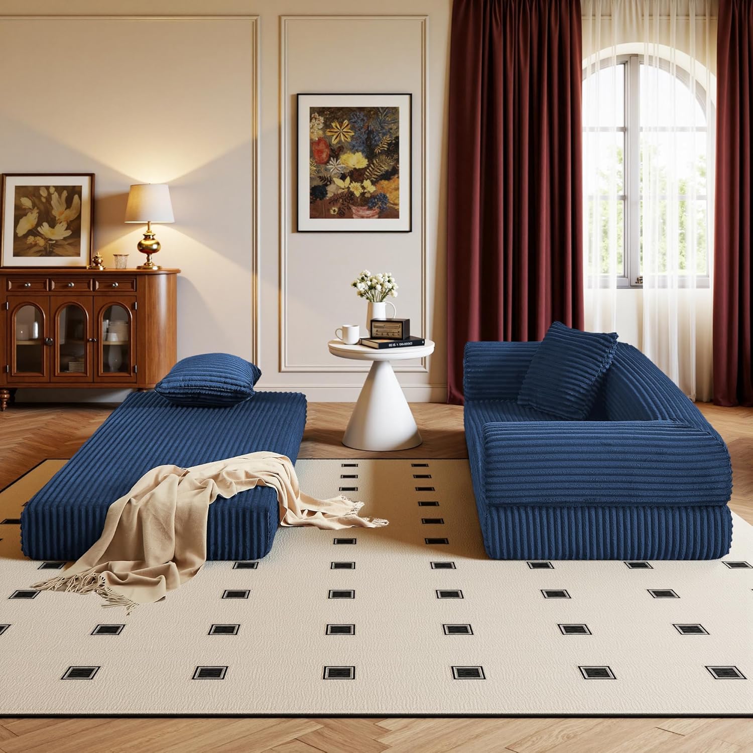 Boneless Couch Versatile Couches for Living Room No-Install Sofa Bed Corduroy Futon Soft Cloud Couch with Pillows for Bedroom Game Movie (Dark Blue, 76")