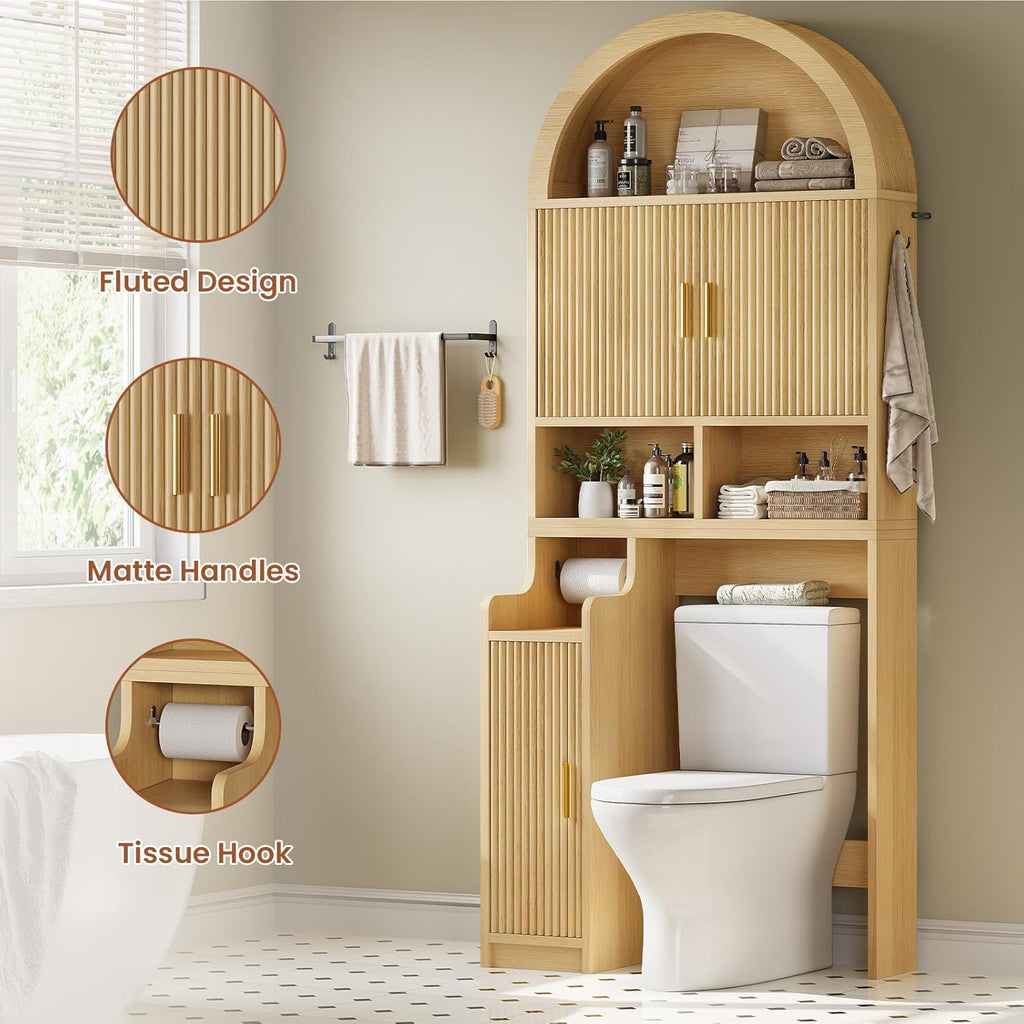 Itaar Arched Over The Toilet Storage Cabinet, 78.7" H Fluted Bathroom Organizer with Reversible Side Cabinet, Adjustable Shelves, Anti-Tipping, Hooks & Paper Holder for Bathroom Laundry Room, Oak