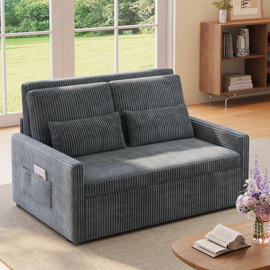 Ahomly 77.2'' Extended Pull Out Sofa Bed, 3-in-1 Small Space Convertible Loveseat Sleeper Couch Bed, Corduroy Sofa for Living Room, Bedroom, Apartment, Dark Grey