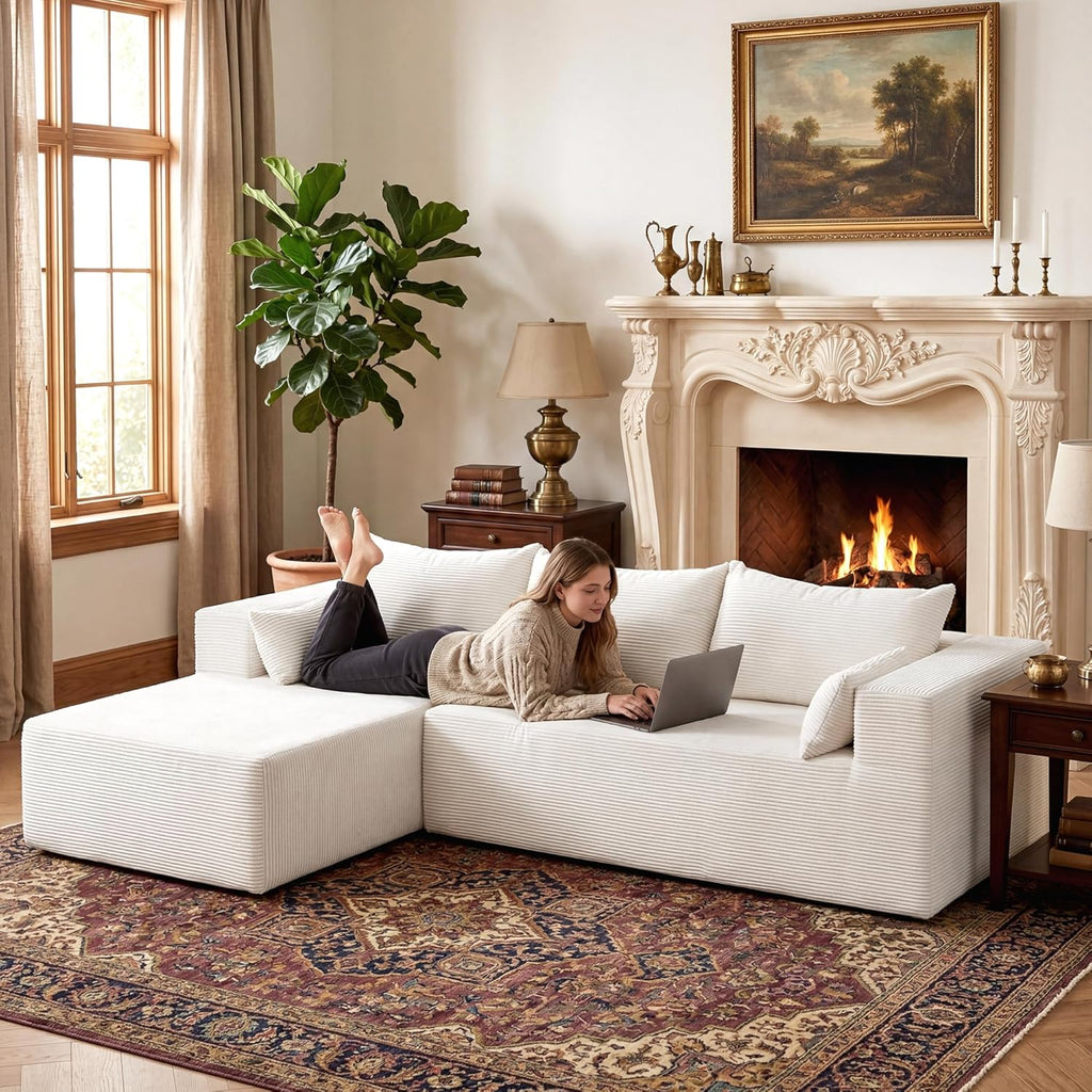 106" Cloud Sectional Boneless Couches for Living Room, Modular L Shaped Couch with Deep Seat Oversized Left Facing Chaise, Memory Foam Compressed Spineless 3 Seater Sofa for Bedroom Apartment, Beige