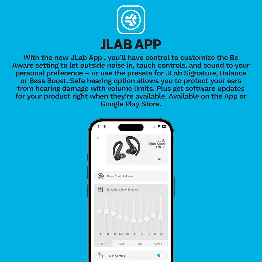 JLab, Epic Air Sport ANC 3, True Wireless Earbuds, Active Noise Cancelling, Bluetooth, Sport, Black