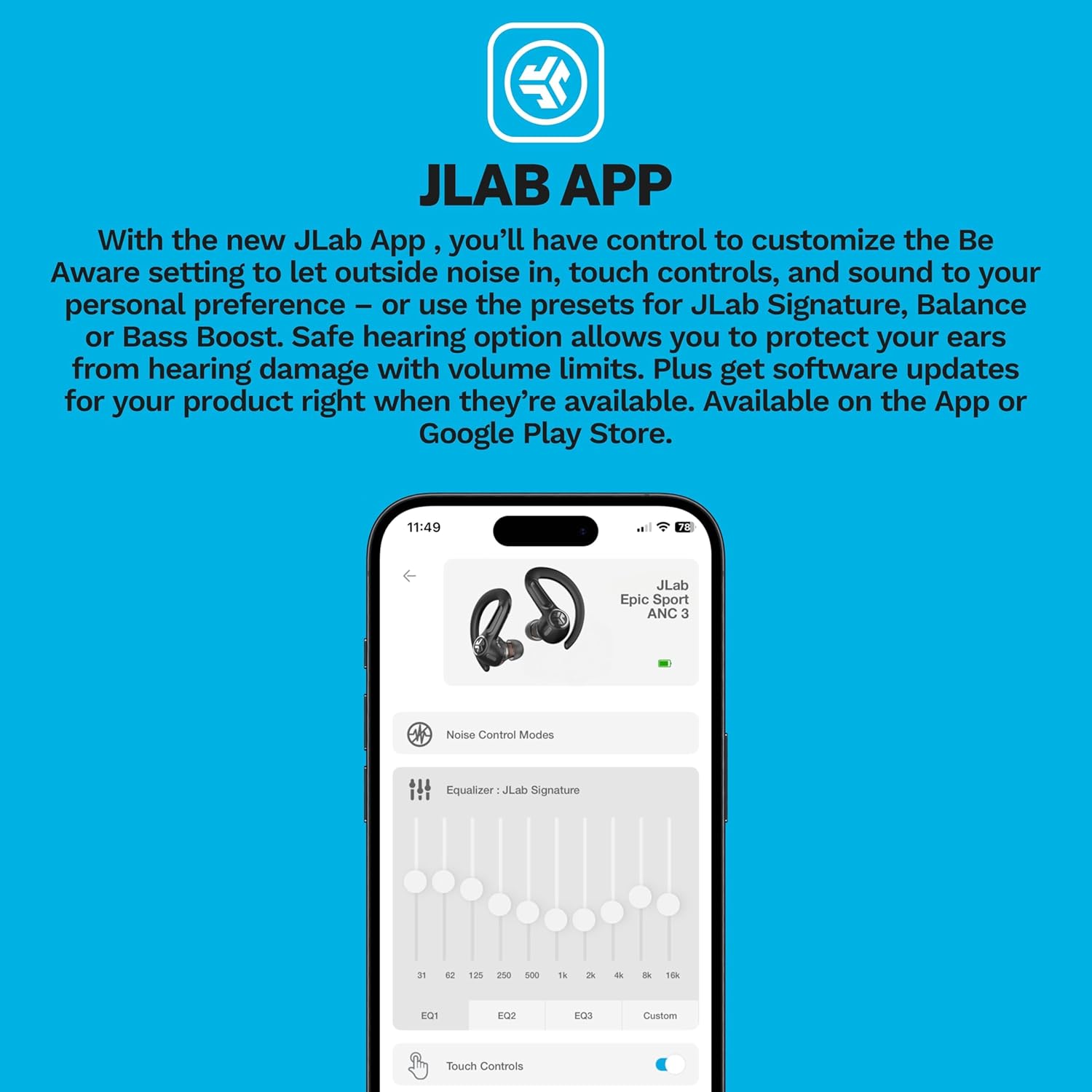 JLab, Epic Air Sport ANC 3, True Wireless Earbuds, Active Noise Cancelling, Bluetooth, Sport, Black