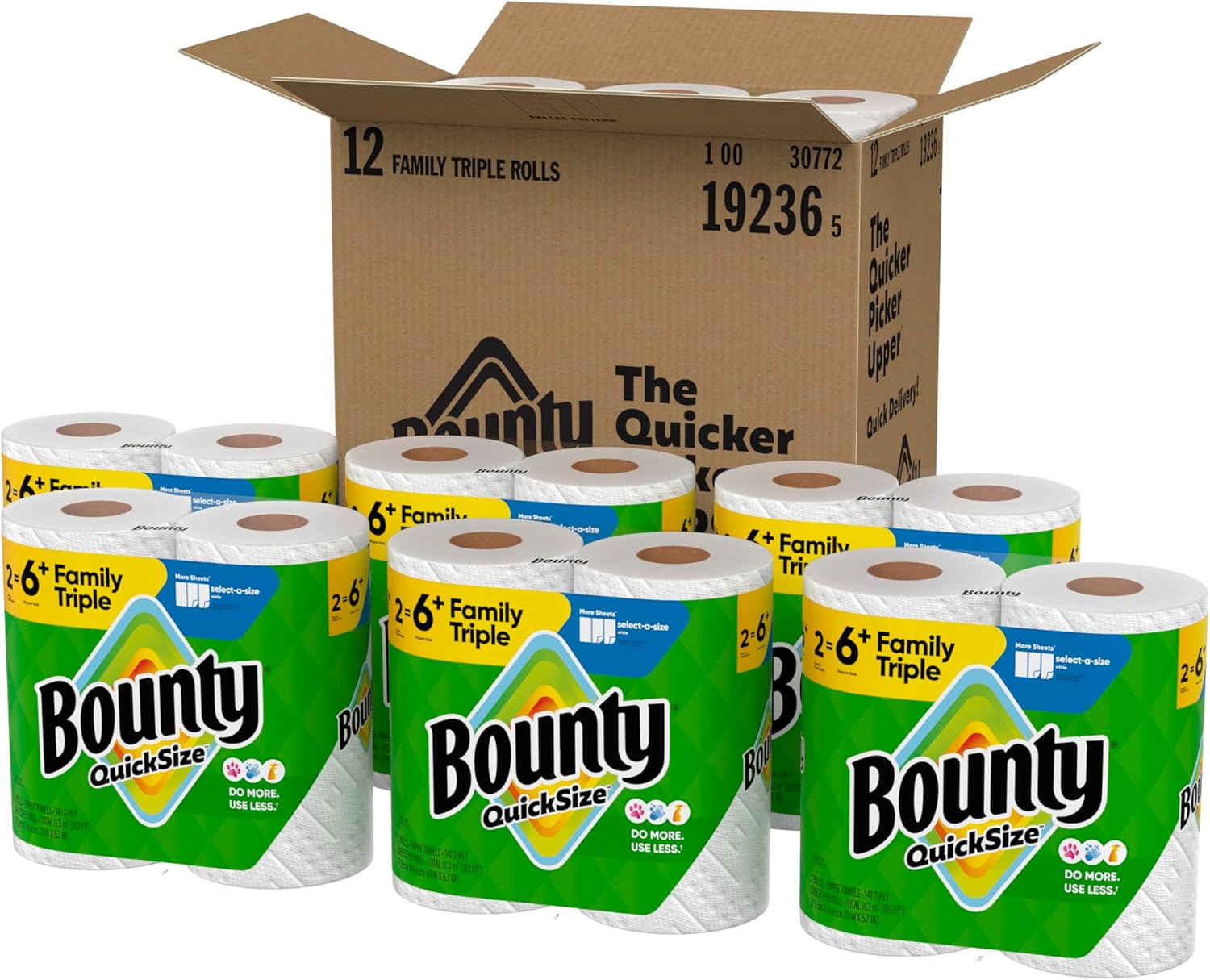 Bounty Quick-Size Paper Towels, White, 12 Family Triple = 40 Regular Rolls