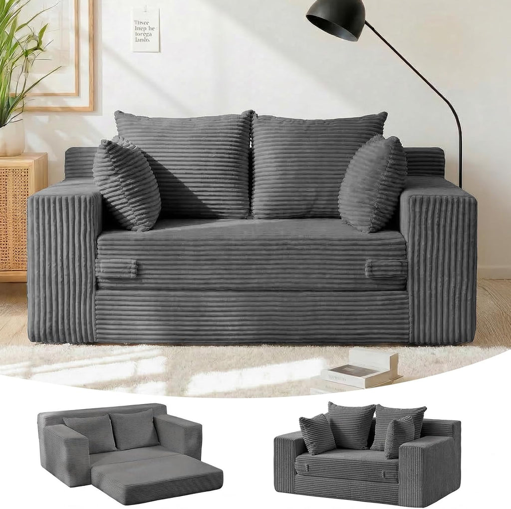 Winzon Boneless Loveseat, 3 in 1 Convertible Sofa Bed Sleeper Sofa Floor Futon Bed with 4 Pillows, 55" Grey Boneless Couch for Living Room, Guest Room, Small Space, No Assembly Required, Corduroy