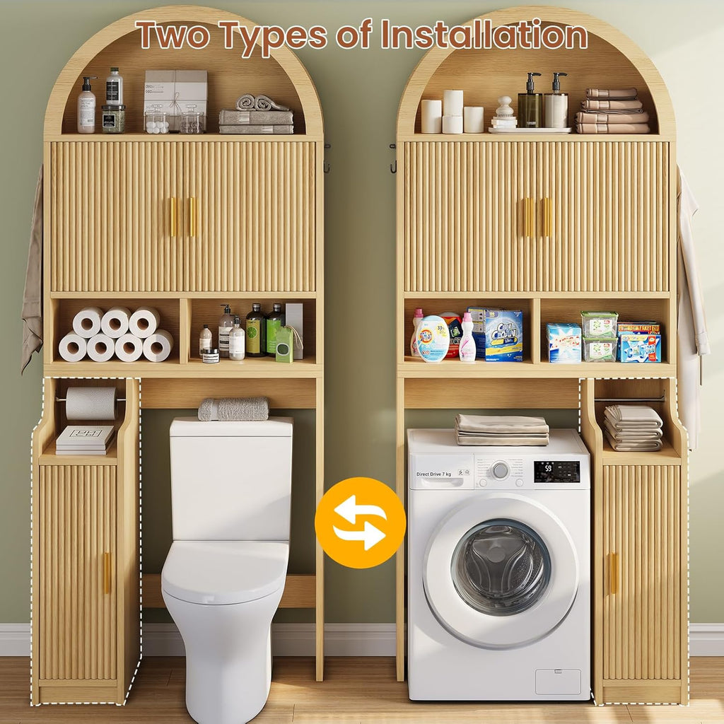 Itaar Arched Over The Toilet Storage Cabinet, 78.7" H Fluted Bathroom Organizer with Reversible Side Cabinet, Adjustable Shelves, Anti-Tipping, Hooks & Paper Holder for Bathroom Laundry Room, Oak