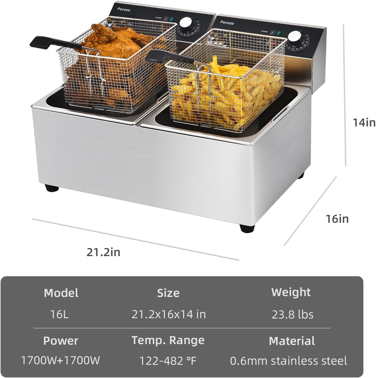 Deep Fryer with Basket, 3400w 14Qt Oil Tank/ 6.7Qt Basket x 2, 0.6mm Thickened Stainless Steel Countertop Electric Fryer for Home and Commercial Use, Oil Fryer with Double Overheat Protection