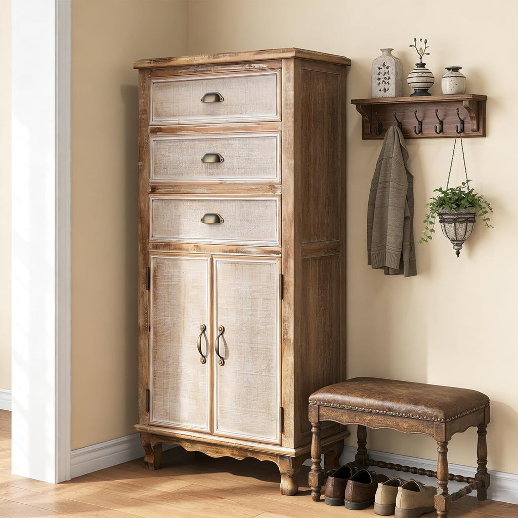 Rustic Tall Storage Cabinet - Distressed Solid Wood Frame Accent Cabinet with 3 Drawers & 2 Doors, Farmhouse Freestanding Floor Cabinet for Entryway, Living Room, Hallway