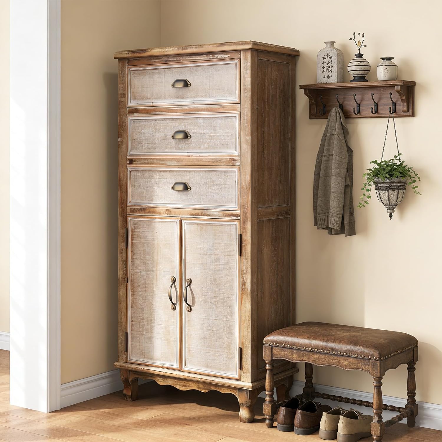 Rustic Tall Storage Cabinet - Distressed Solid Wood Frame Accent Cabinet with 3 Drawers & 2 Doors, Farmhouse Freestanding Floor Cabinet for Entryway, Living Room, Hallway