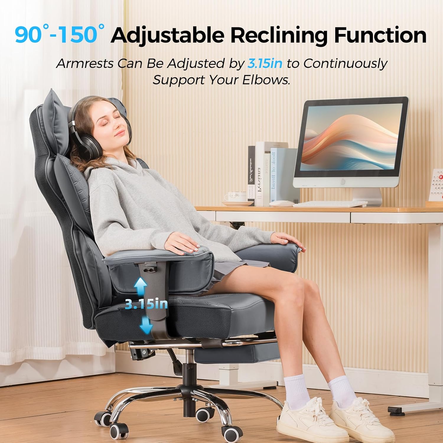 COMHOMA Big and Tall Office Chair Heavy Duty Wide Ergonomic Gaming Chair with Deluxe Embossing Designed Leather with Foot Rest,150°Reclining Adjustable Armrests Pocket Spring Back Support and Pillow