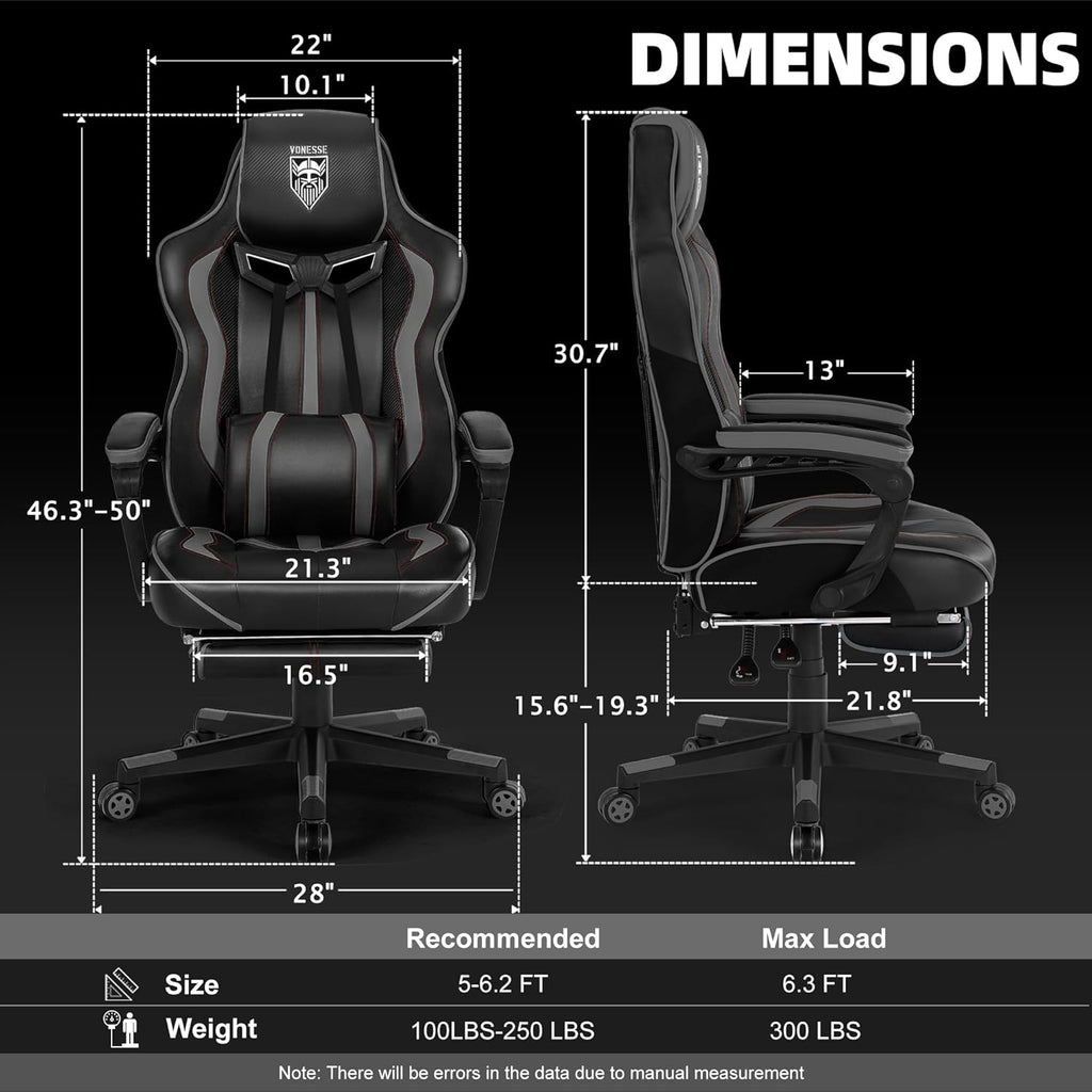 Vonesse Gaming Chair for Adults, Reclining Gaming Chairs with Footrest and Massage, Computer Gaming Chair for Heavy People,Ergonomic Gamer Chair Big and Tall (Black/Gray)
